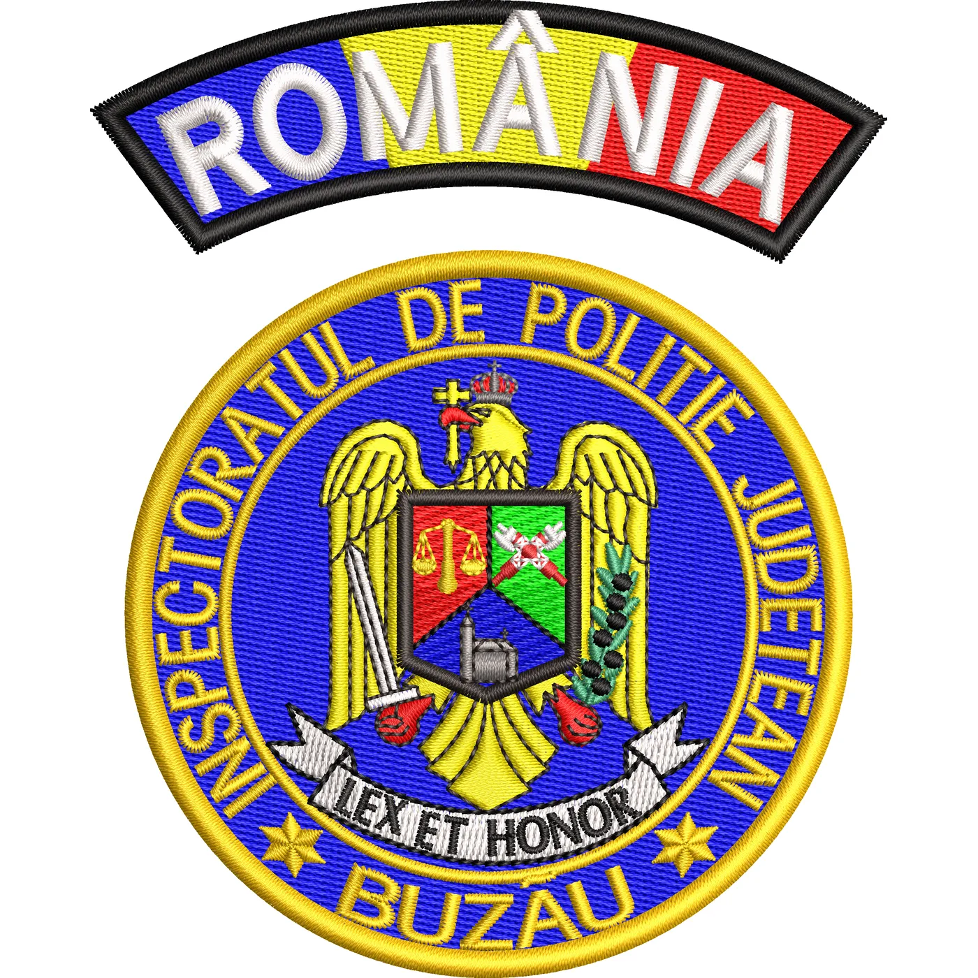 Emblema INSTECTORATUL DE POLITIE JUDETEAN - BUZAU + EMBLEMA ROMANIA TRICOLOR